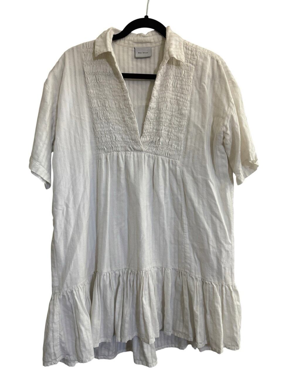 Rue Stiic Mini Dress Womens XS Ivory Ruffle Hem Smocked Linen Minimalist #NE141